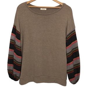 PROMESA | Tan Knit Pullover Semi Sheer Stripe Balloon Sleeves Sweater size Large
